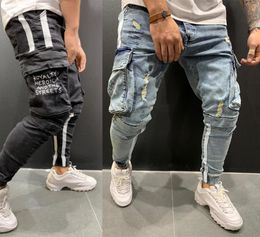 Patchwork Denim Jeans Men Pencil Pants Slim Fit Biker Skinny Ripped Jean Jogger Big Side Pocket Stripe Hip Hop Cargo Trousers C1121542523