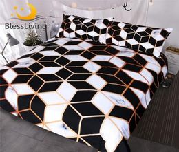 BlessLiving Geometric Bedding Set Black White Duvet Cover Set Marble Print Blocks Cube Bed Cover Fashionable Bedspreads Queen9687236