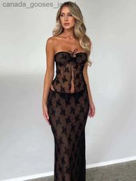 Two Piece Dress Mozision Lace Print Sexy Dress Set Women Strapless Crop Top And Long Skirt Matching Sets Fe Night Club Party Two Piece Set L231221
