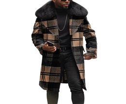Mens Wool Blends Big Fur Collar Plaid Overcoats Mens Luxury Trench Coats For Men Cheque Woollen Long Jackets Fashionable Large Size 1490253