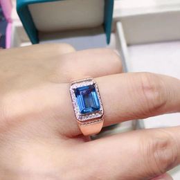 Cluster Rings 2ct 7mm 9mm Natural Topaz Ring For Man Classic 925 Silver 18K Gold Plating London Blue Jewelry