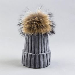 Woman Beanies with Real Fur Pompom Hat Winter Bobble Hat With Fur Pompom Fashion Knit Beanies with Fox Fur Pompom Cap Hat284A