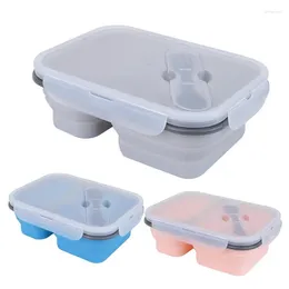 Flatware Sets Collapsible Lunch Box Two Grid Silicone Large Portion Reusable Storage Container Microwave Dishwasher