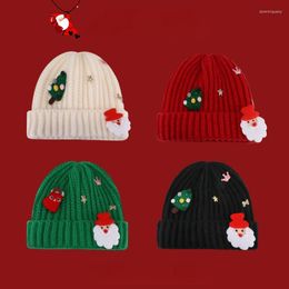 Berets Winter Cute Christmas Elastic Woollen Cold Hat Versatile Small Face Stripe Knitted Cap Santa Ear Protection Beanie Girls Boys