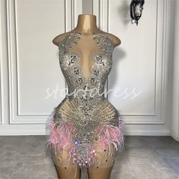 Black Girls Diamonds Prom Dresses 2024 See Through Mini Short Evening Dress Illusion Beaded Crystal Feather Cocktail Dress Sleeveless Formal Birthday Party Dress