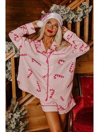 Women Satin Santa Claus Print Shorts Homewear Set Xmas Casual Loose Long Sleeve Shirts Pyjama Suits Christmas Sleepwear 231220