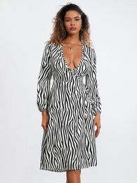 Casual Dresses Women Midi Dress Long Sleeve V-neck Tie-up Zebra Stripes Print Loose Fall