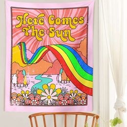 70s Here Comes The Sun Wall Art Tapestry Wall Hanging Retro Rainbow Sun and Moon Vintage Sunshine Tapestries Art Home Decor