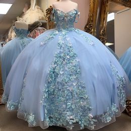 Sky Blue Glitter Sweetheart Ball Gown Quinceanera Dresses Off The Shoulder Applique Lace Bow Beading Corset Vestidos De 15 Anos