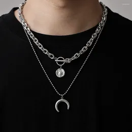 Chains 2023 Fashion Stainless Steel Necklaces For Men Stacked Hip-Hop Style Coin Moon Pendant NecklaceOT Buckle Clavicle Chain