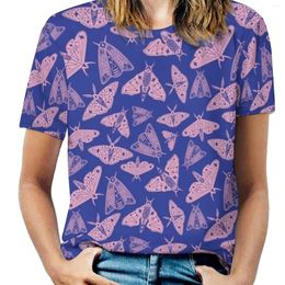 Women's T Shirts Moth Universe Women T-Shirt Crewneck Casual Short Sleeve Tops Summer Tees Stars Moths Galaxy Pink Blue Pattern