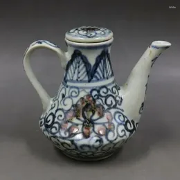 Bottles Chinese Yuan Blue And White Porcelain Red Glaze Lotus Design Teapot 3.70 Inch