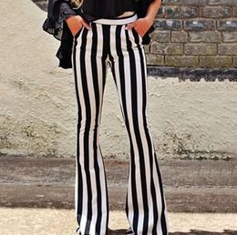 Women Loose Trousers Women's Elegant Black Vertical Striped High Waist Pocket Wide Leg Pants Bell Bottoms Flare 201113