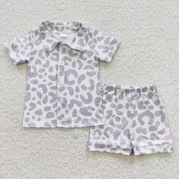 Clothing Sets Wholesale Toddler Button Up Sleepwear Baby Boy Short Sleeves Cardigan Grey Leopard Shirt Shorts Infant Kid Set Children