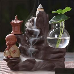 Backflow Incense Burner Holder Ceramic Little Monk Small Buddha Waterfall Sandalwood Censer Creatives Home Decor With 10 Cones Dro189c