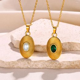 Pendant Necklaces Shiny Green Zircon Oval Necklace For Women Stainless Steel Gold Colour Geometric Choker Neck Jewellery