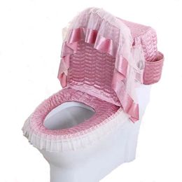 Home Decor Soft Set Toilet Seat Cover With Pockets Fabric Lace Bath Mat Winter Warm 231221