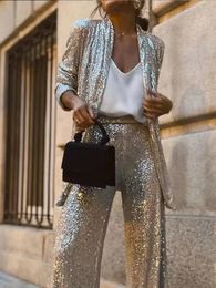 Elegant Women s Pants Sets Sequin 2023 Fall Winter Long Sleeve Lapel Casual All match Tops Full Pant Office Lady 2 Pieces 231222