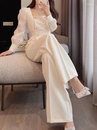 Women's Two Piece Pants Autumn Fashion Elegant Women Casual Pantsuit Mesh Long Sleeve Shirts Tops And 2 Pieces Set Office Ladies Trousers