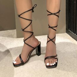 Dress Shoes 2024 Women's Fashion Ankle Strap Sandals Leather Cross Tie High Heel Sexy Lace Up Party