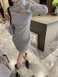 Casual Dresses Knit For Women 2023 Sexy Bow Hollow Out Sheath Grey Mini Dress