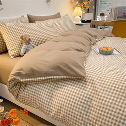 Bedding Sets Japanese Simple Solid Colour Plaid Washed Cotton Four-piece Set Ins Quilt Luxury Cover Bed Linen