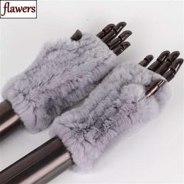 Women 100% Real Genuine Knitted Rex Rabbit Fur Mittens Winter Warm Lady Fingerless Gloves Handmade Knit Mitten 211026246L