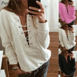 Women Sweatshirts Lace Up Tops Autumn Women Fashion Sweatshirt Sexy Eyelet Lace-up Deep V Plunged Pullover