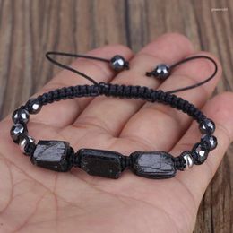 Strand Natural Rough Black Tourmaline Faceted Hematite Healing Stone Bead Nylon Rope Adjustable Handmade Unisex Bracelet Bangle Gift