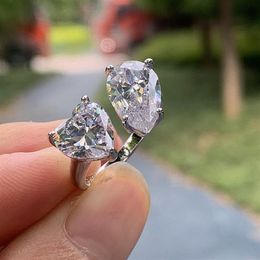 Simple Fashion Wedding Ring Sparkling Luxury Jewelry 925 Sterling Silver Water Drop White Topaz CZ Diamond Open Adjustable Women E269c