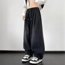 Men's Jeans Wide Leg Jean Baggy Fashion Oversized Elastic Waist Vintage Bleached Straight Denim Pants Trousers Male Streetwear R50