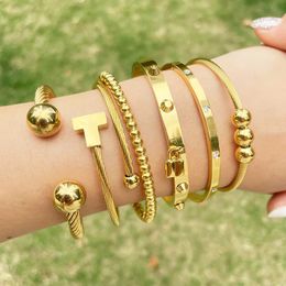 18k Gold Colour Cable Wire Round Charm Cuff Bracelet for Women Unisex Stainless Steel Love Bangle Sets Classic Jewellery 231221