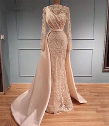 2024 Evening Wear Blush Pink for Women Long Sleeves Lace Crystal Beads Mermaid Formal Event Gowns Special Ocn Dresses Prom Party Dress Overskirts