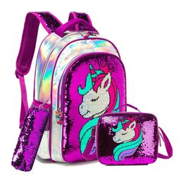 Bags Bikab Unicorn School Bag Double Sided Sequin Backpack Set Lightweight Kawaii Backpack Girl Backpack School Supplies for Girls