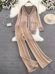 Women's Two Piece Pants YZJNH Korean Fashion Set V-neck Long Sleeve Jacquard Knitted Sweater Coat Casual High Waist Wide Leg