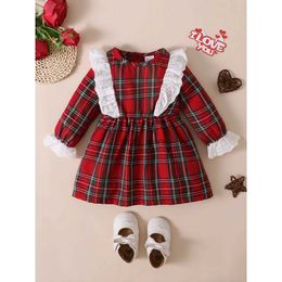 Girl's Dresses Christmas Party Dress for 0-3 Years Baby Girl Back Single-breasted White Lace Red Plaid Round Neck Waist Long Sleeve DressL231222