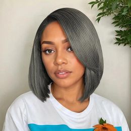 Luvkiss Salt And Pepper Grey Glueless Straight Bob 13x4 HD Lace Front Wig Human Hair 150% Density Wigs