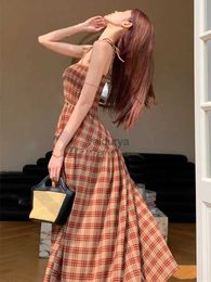 Basic Casual Dresses Lattice Pattern Long Dress2023 Summer Lace-up Halter Dresses Hot Sexy Elegant Clothes Korean Fashion Y2K One Piece Dress YQ231222