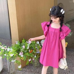 Girl Dresses Girls Casual Simple Loose Sweet Korean Solid Button Single Row Square Collar Colorful Pleated Versatile