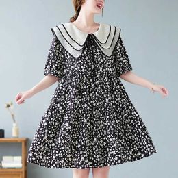 Basic Casual Dresses #3329 Summer Floral Printed Dress Women Peter Pan Collar Vintage A-line Dress Female Short Sleeve Loose Knee-length Woman Dress YQ231222