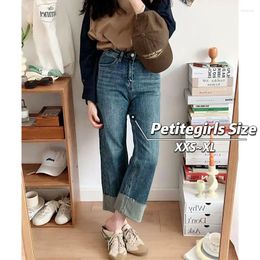 Women's Jeans 150cm Petite Girls American Style Retro Women High Waist Straight Leg Show Points Slim Elastic Autumn XS Appear