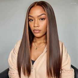 Luvkiss Brown With Blonde Highlight Silky Straight 5x5 Glueless Wear To Go Human Hair Wigs Secure 3D Dome Cap