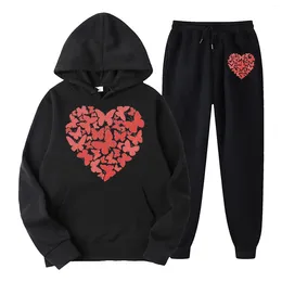 Women's Two Piece Pants 2024 Women Clothing Set Love Pattern Printing Hooded Sweatshirt Black Sweatpants Casual Loose Fitting Jogging Sports