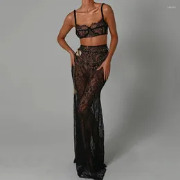 Work Dresses CINESSD 2023 Chest-Wrapped Backless Sling Top High Waist Mop Fishtail Dress Sexy Lace See-through Two-Piece Set