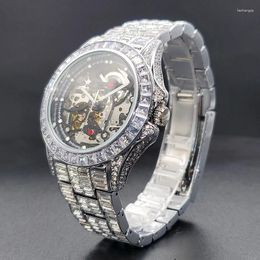 Wristwatches Automatic Watch For Men Diamond Luxury Hip Hop Street Style Luminous Mechaincal Watches With Baguette Zircon Bracelet Clock