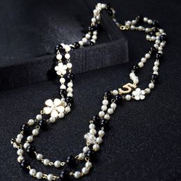 Fashion Pearl Beaded Long Necklace Women Flower Number Sweater Chain Necklaces247m