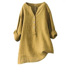 Women's Blouses Cotton Linen Shirt Blouse Bohemian Solid Colour Long Sleeved Button V Neck Tunic Harajuku Loose And Camisas