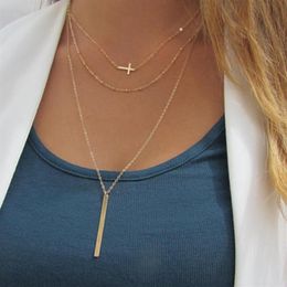 Pendant Necklaces Long Layered Necklace Set Of 3 Sideways Cross Minimal Kpop252O