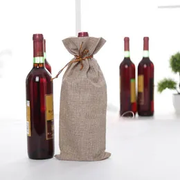 Christmas Decorations Gold Thread Drawstring Jute Wine Bags 100pcs 5.9x13.7inches Single Bottle Linen Gift Customized Logo Year Bag