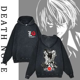 Anime Death Note Hoodies Light Yagami Graphic Printed Acid Washed Sweatshirts Vintage Haruku Streetwear Unisex Loose Pullover